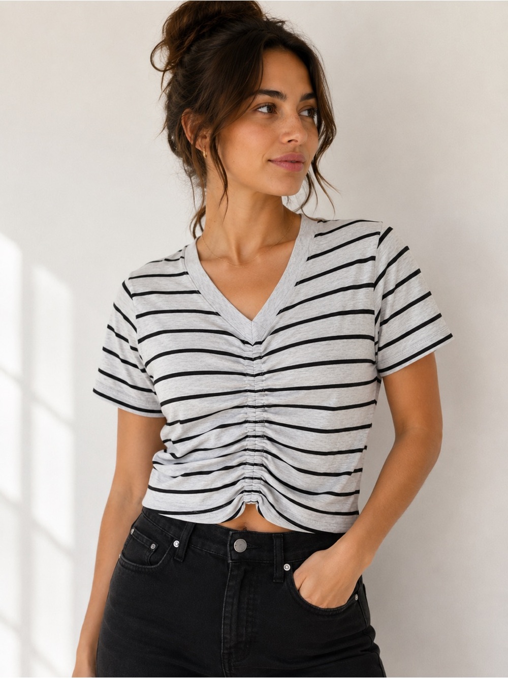 Alexander Wang Ruched V-Neck Gray and Black Striped Short Sleeve Tee - S